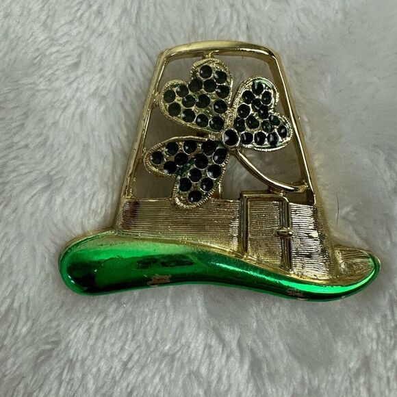 Leprechaun Hat Brooch Pin Green Gold Tone Rhinestone Shamrock St. Patrick's Day - Picture 2 of 6